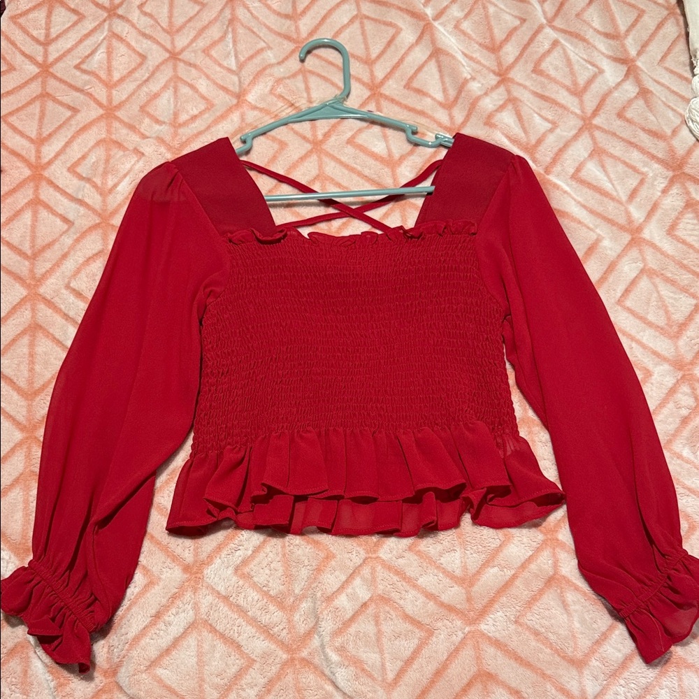 Papermoon Red Smocked Blouse with Ruffle Hem